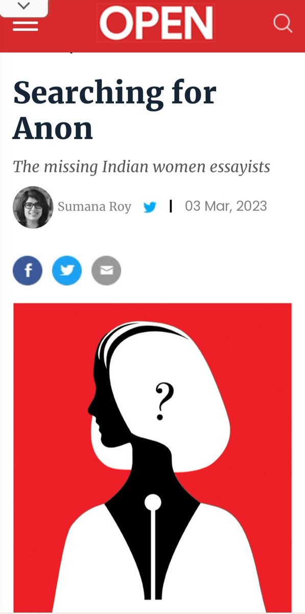 Looking for the Anon in the Canon, I wrote about the missing women essayists in The Book of Indian Essays for <a href="/Openthemag/">Open Magazine</a> 's Women's issue

I share this with slight trepidation, but ... I wrote this for many of you who should have been in this anthology. 

openthemagazine.com/lounge/books/s…