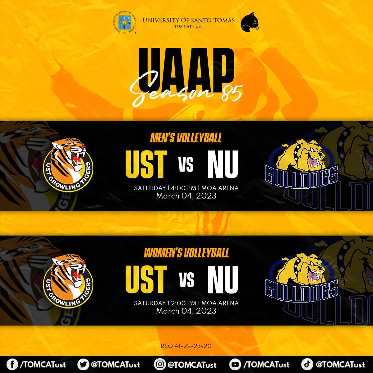 TOMCATust's tweet photo. Dive right in and anticipate the games of our UST Golden Tigresses and UST Golden Spikers against NU today.

Send them your energy and support through your thundering #GoUSTe!
 
#UAAPSeason85
#RiseAsOne

Caption by Marielle Huelgas
Board by Maecy Bataller https://t.co/wrRMrgSzwF