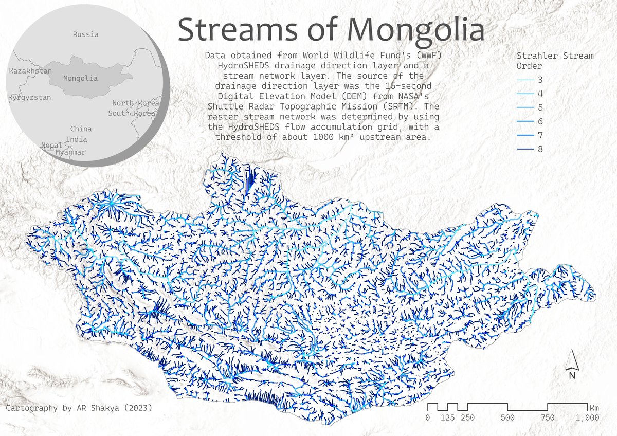 Week 9 theme: NGO Data
I used WWF's HydroSHEDs data for preparing the stream order network of Mongolia.

#MapPromptMonday #gischat