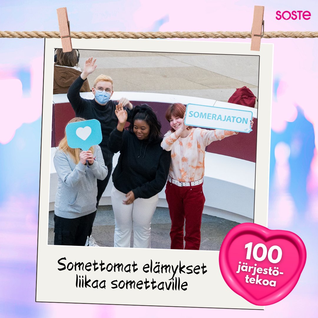 SOSTE10's tweet photo. Somerajaton tarjoaa keinoja ja tukea oman somen käytön hallintaan. Esimerkiksi #Somerajaton-miitit eri puolilla Suomea tarjoavat somettoman elämyksen ja vertaistukea omasta somen käytöstään huolestuneille nuorille aikuisille. https://t.co/H8FuBe2FJU #100järjestötekoa https://t.co/vrpnMBOc8l