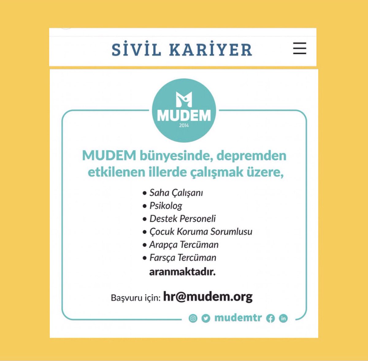 Mülteci Destek Derneği MUDEM depremden etkilenmiş illerde çalışmak üzere 6 farklı pozisyonda ekip arkadaşı arıyor.

Ayrıntılar <a href="/mudemtr/">MUDEM</a> ve başvuru için hr@mudem.org 

#işilanları #işilanı #siviltoplum #siviltoplumsektörü #sivilkariyer #mudem #deprembölgesi