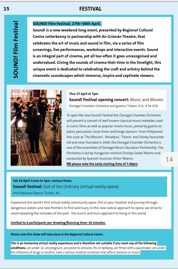 DonegalCMS's tweet photo. Sound! Festival opening concert: Music and Movies @angrianan 
Thursday 27th April at 7pm
#SoundFilmFestival #movies  #Openingconcert #music 
#DonegalChamberOrchestra https://t.co/hJEyYO07Id