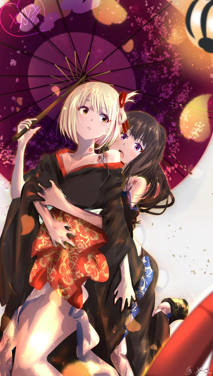 inoue takina ,nishikigi chisato multiple girls 2girls japanese clothes blonde hair kimono black hair yuri  illustration images