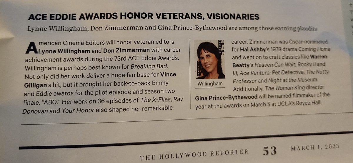 I'm so proud of my sister-in-law, Lynne Willingham as she is set to receive a Lifetime Achievement award this weekend at the 2023 ACE EDDIE Awards. Lynne is an amazing editor who has worked on such hit shows as Breaking Bad, Ray Donovan &amp; X-Files to name a few. Congratulations😘