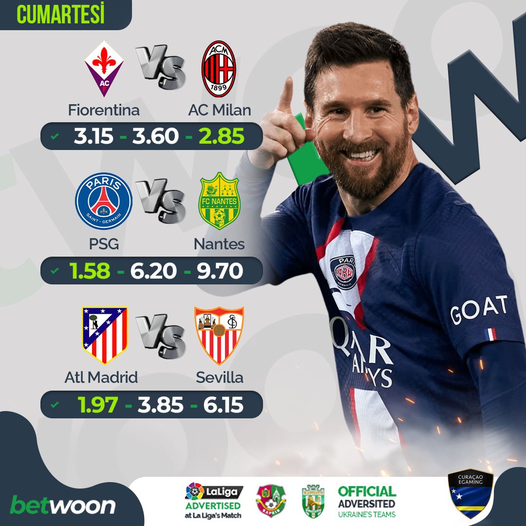 👉TÜM MAÇLAR EN YÜKSEK ORANLARIYLA #BETWOON'DA!

🎁%30 ANLIK KAYIP BONUSU!

⚽Fiorentina🥅AC Milan
⚽PSG🥅Nantes
⚽Atl Madrid🥅Sevilla

🎁ÇEKİMİNİ PAYLAŞ 500TL'YE KADAR NAKİT KAZAN!

➡rebrand.ly/SocialMediaa

#betwoon #sport #bahis #iddaa #canlı