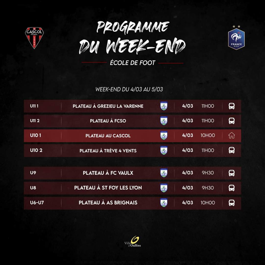CascolFoot's tweet photo. Programme du week-end ⚽️
#TeamCascol 🔴⚫️ https://t.co/NlrPQlOjB8