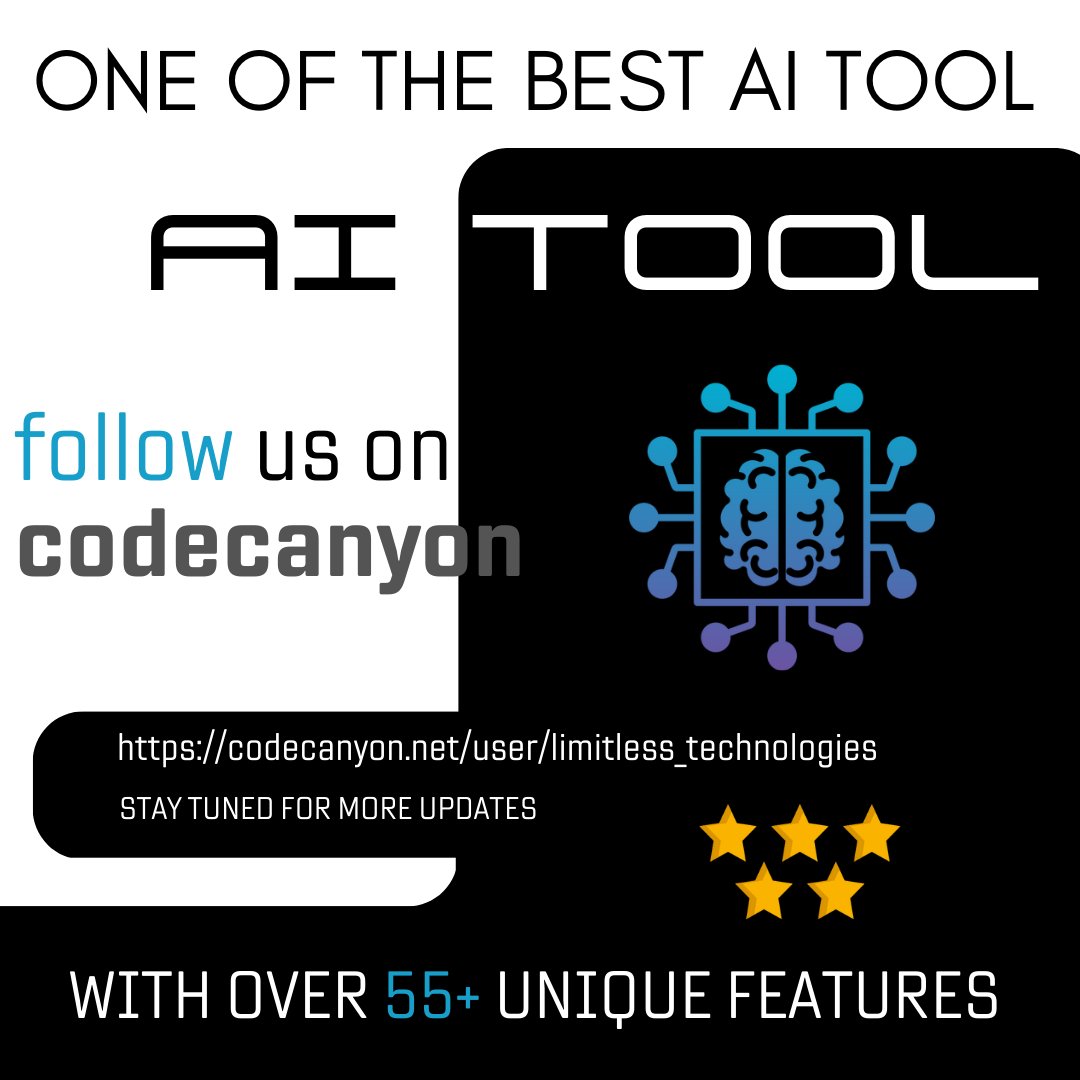 Limitless__tech's tweet image. Something Big is Coming Soon. AI-Based tool with over 55+ Unique features. Follow us on CodeCanyon: codecanyon.net/user/limitless…
#ChatGPT #codecanyon #AI #ArtificialIntelligence