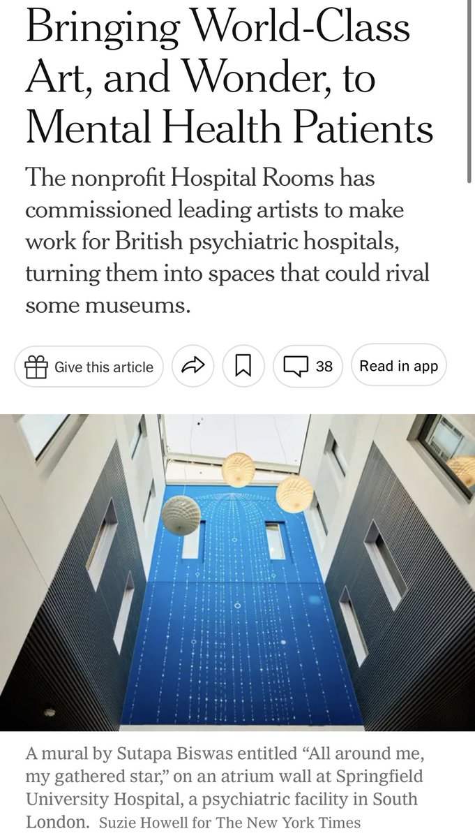 Rosie_The_OT's tweet photo. Love this article @nytimes “reintroducing humanity to spaces that are actually quite frightening” by involving patients, introducing world famous artists &amp; “not patronising patients by dumbing down” or simply creating “calming” spaces that can be so dull for long stay patients https://t.co/G2TaQsoxz4