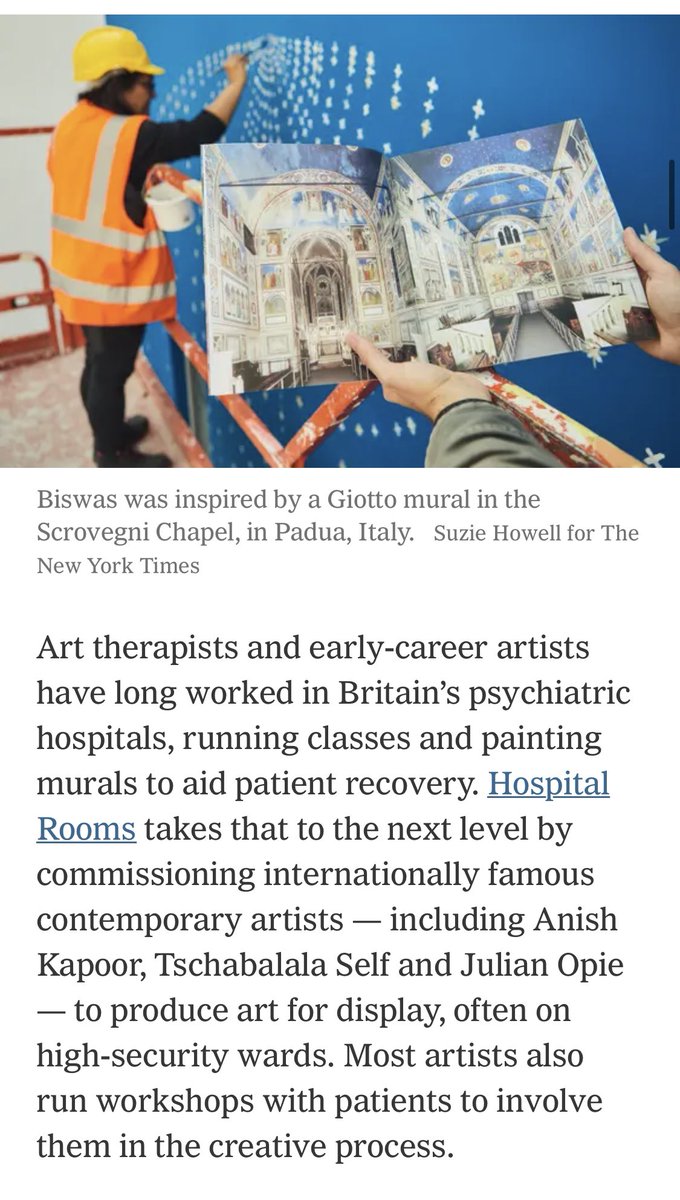 Rosie_The_OT's tweet photo. Love this article @nytimes “reintroducing humanity to spaces that are actually quite frightening” by involving patients, introducing world famous artists &amp; “not patronising patients by dumbing down” or simply creating “calming” spaces that can be so dull for long stay patients https://t.co/G2TaQsoxz4