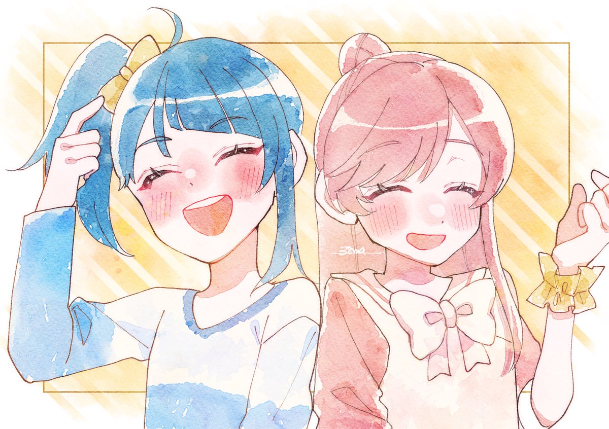 multiple girls 2girls blue hair bow closed eyes smile shirt  illustration images