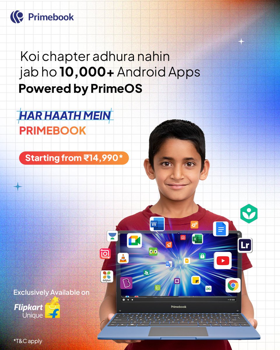 primebookindia's tweet photo. Hazaaro Android apps bole toh hazaaro possibilities! Ab milega sab exclusively with Primebook 4G powered by PrimeOS 🤯
#HarHaathMeinPrimebook #Flipkart #ExclusivelyAvailable #Primebook #PrimeOS #Gaming #Technology #AndroidLaptop #OnlineLearning #LaptopsForLearning https://t.co/LSipFjkAli