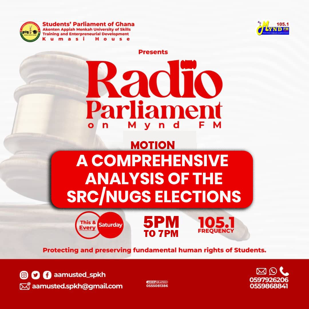 aamusted_spkh's tweet photo. @aamusted_spkh will have a comprehensive analysis of the SRC/NUGs election.
Tune in to Mynd FM when it's 5:00 pm https://t.co/Vux7IyPXxF
