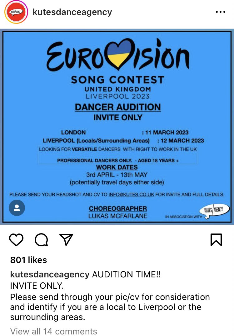 The Kutes Dance Agency are looking for dancers for Eurovision &amp; they are headhunting in Liverpool on the 12th March! Check out their insta or contact them if you think you’re suitable ! #Eurovision #UK