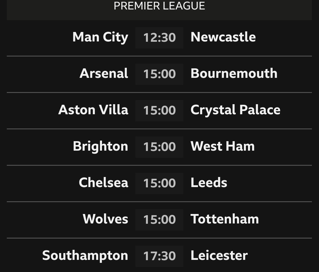 Predictions 
City 2-0
Arsenal 5-0
Villa 1-0
West Ham 2-1
Chelsea 3-0
Spurs 3-2
Southampton draw https://t.co/TEfo10yGhg