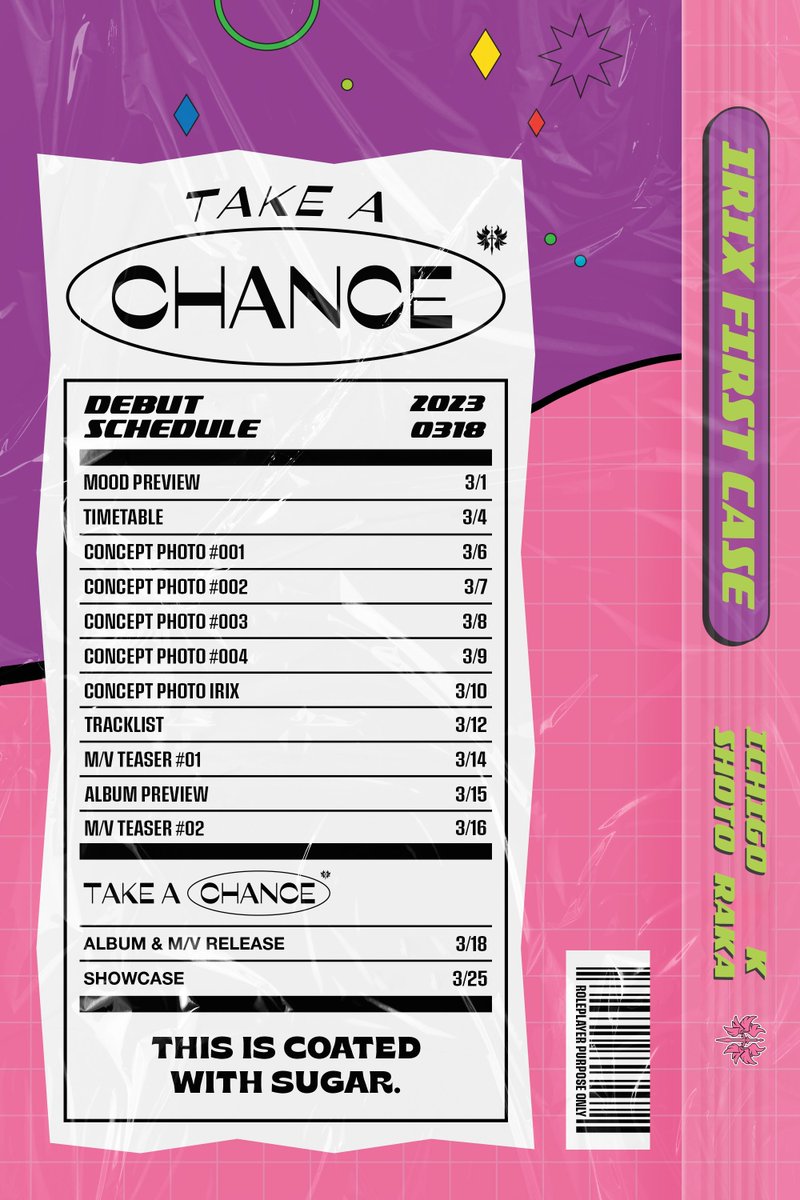 ㅤ

ㅤㅤㅤ𝗜𝗥𝗜𝗫 1st Mini Album:
ㅤㅤㅤ◤ Take A Chance! ◢

ㅤㅤㅤTIME       𔘓      TABLE
ㅤㅤㅤ─────────────

ㅤㅤㅤ❛ Now tell me,
ㅤㅤㅤwho  is  the  fairest?

ㅤㅤㅤㅤㅤㅤㅤ #STEP1RIX
ㅤㅤㅤ─────────────
ㅤㅤㅤ18     ·     03    ·   2023

ㅤ