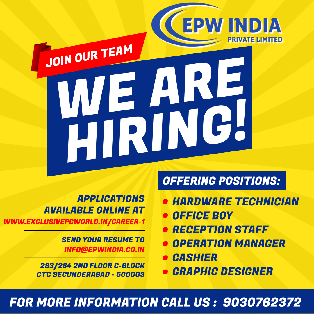 epwindiapvtltd's tweet photo. We Hiring!
Application Available online at https://t.co/TikgZ2FRzO or send your resume at info@epwindia.co.in
Offering Position :
1.Hardware Technician
2. Office Boy
3.Reception Staff
4.Operational Manager
5.Cashier
6.Graphic Designer
For more detail call us : 9030762372
#LifeAtEPW #UsedLikeNew #EpwIndia #WeHiring #Jobs #JoinOurTeam #hardware #Technician #Officeboy #Receptionstaff #Graphicdesigner #Cashier
