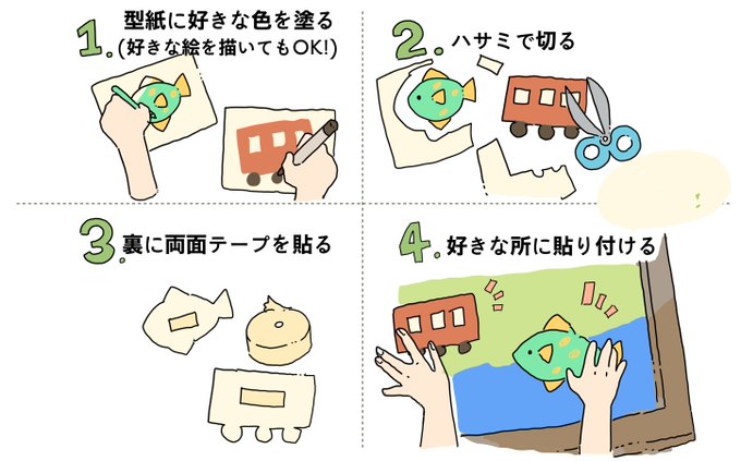 テントブースに型紙ぬりえを用意してますので、好きな色や模様に塗って、大きな絵にペタペタと貼っていきます!(白紙もあるので好きな絵を描いてもいいです!)
来場者たちと一緒に作るその場限りの合作お絵かきです。
お近くの方ぜひ気軽に遊びに来てくださいね〜! 