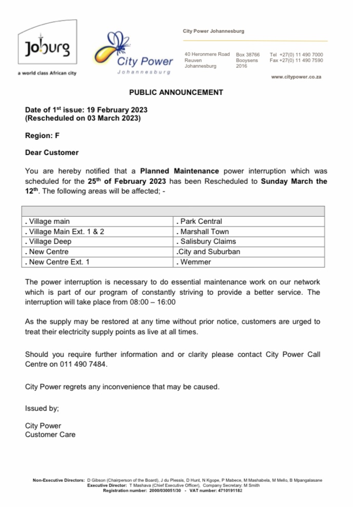 CityPowerJhb's tweet photo. #JoburgUpdates
Kindly take note that the planned maintenance ๐ that was scheduled at #SelbySubstation has been rescheduled to the 12th of March 2023, from 08:00 until 16:00. ^IL https://t.co/o7Rev02JGJ