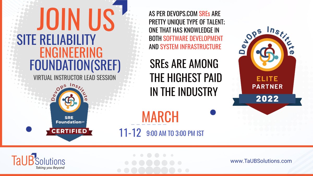 taubsoln's tweet image. Join us for the SRE Foundation Virtual-led training session happening on the 11th, and 12th of March 2023.

Register now!
taubsolutions.com/trainings/sre-…

#TaUBSolutions #SREFoundation #SRE #SiteReliabilityEngineering #DevOpsInstitute