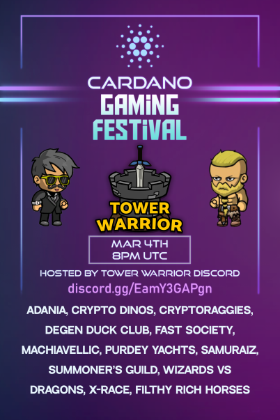 Anyone else as keen as us for @TowerWarriorTD hosting tonight's Cardano Gaming Festival?! 8pm UTC start on their discord!

🧙‍♂️Huge amount of prizes available, but best of all is the amount of fun these end up being!

#Cardano #CardanoCommunity #CNFT #NFTs #gamesnight
