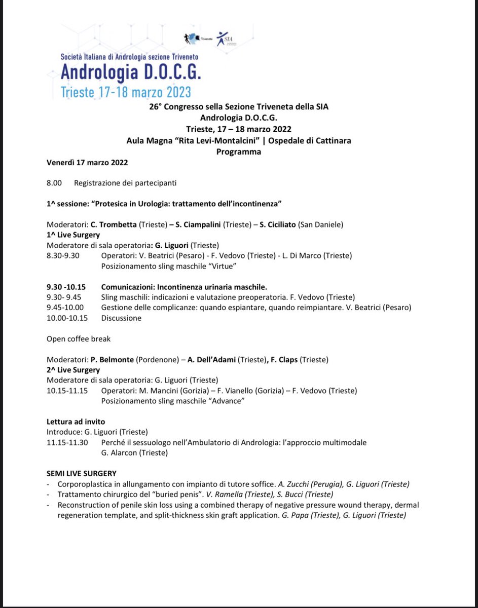 Con estremo piacere terrò una breve presentazione su quelli che possono essere i trattamenti #ejaculationsparing dei disturbi legati al #ipertrofiaprostatica al congresso della sezione Triveneta della <a href="/AndrologiaSia/">SIA ANDROLOGIA</a> 
#mist 
#rezum 
#itind
#urolift 
#luts 
#bph
#urologodicampagna