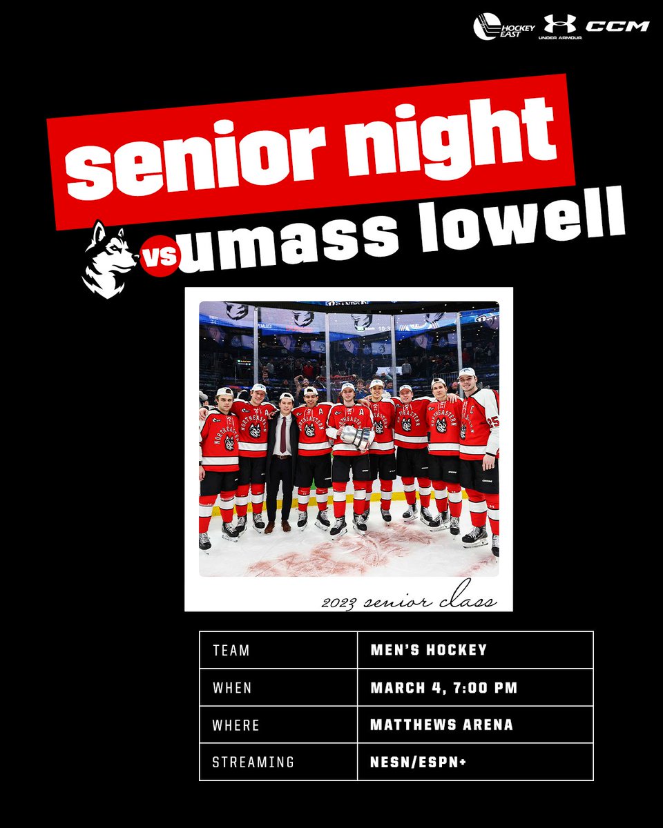This one's for the seniors! 

🆚 UMass Lowell
⏰ 7 p.m.
🏟️ Matthews Arena
📊 bit.ly/3ybKGa5
📺 <a href="/NESN/">NESN</a> 
🎟️ NUHuskies.com/tickets
📸 Photos with Beanpot Trophy

#HowlinHuskies