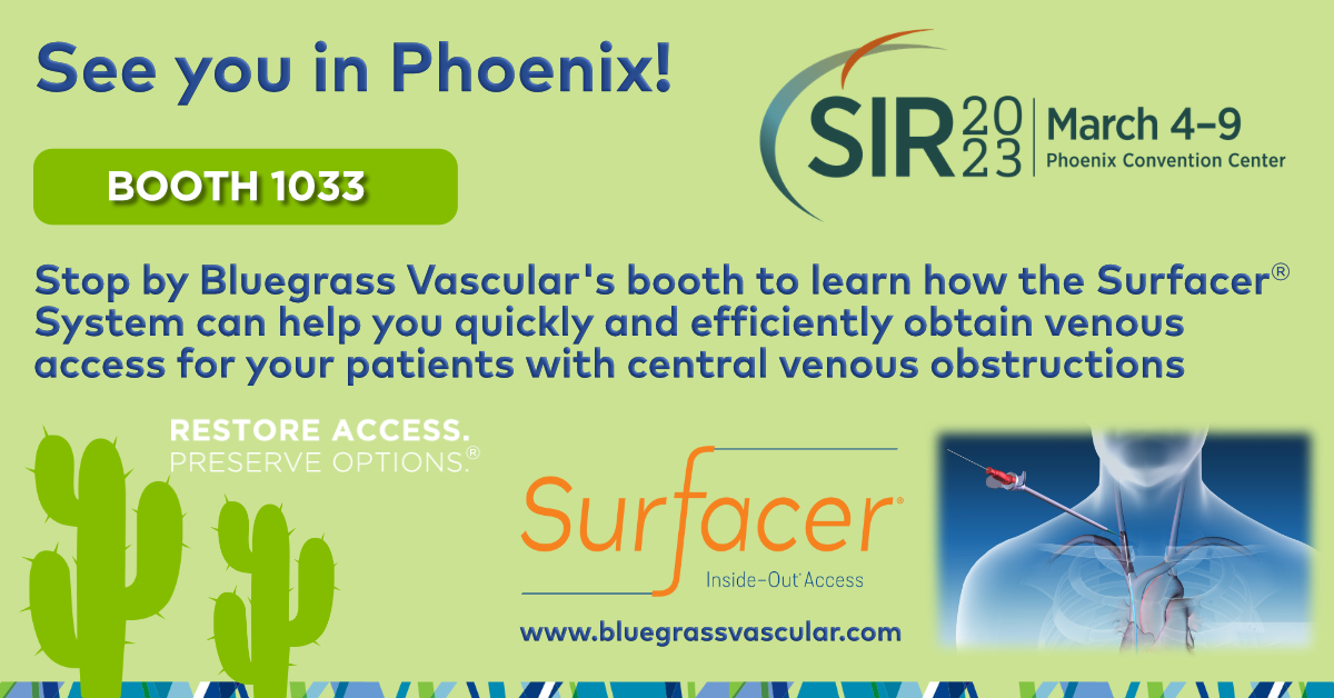 Bluegrass Vascular (@blugrssvascular) on Twitter photo Welcome to Phoenix! REMINDER - BVT is exhibiting at #SIR23PHX. Stop by our booth (#1033) to learn the advantages the Surfacer® System & Inside-Out® procedure provide over sharp recanalization in patients with central venous obstructions. <a href="/SIRspecialists/">Society of Interventional Radiology</a> Welcome to Phoenix! REMINDER - BVT is exhibiting at #SIR23PHX. Stop by our booth (#1033) to learn the advantages the Surfacer® System & Inside-Out® procedure provide over sharp recanalization in patients with central venous obstructions. <a href="/SIRspecialists/">Society of Interventional Radiology</a>