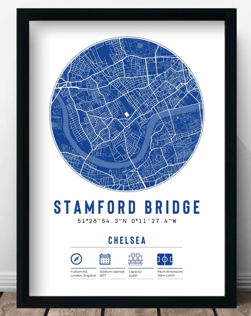 CHELSEA CHELSEA CHELSEA....

Check out this stadium map of Stamford Bridge available now in a range sizes and different colour frames @ buff.ly/41AHdzi 

#CFC #Chelsea #COYB #StamfordBridge