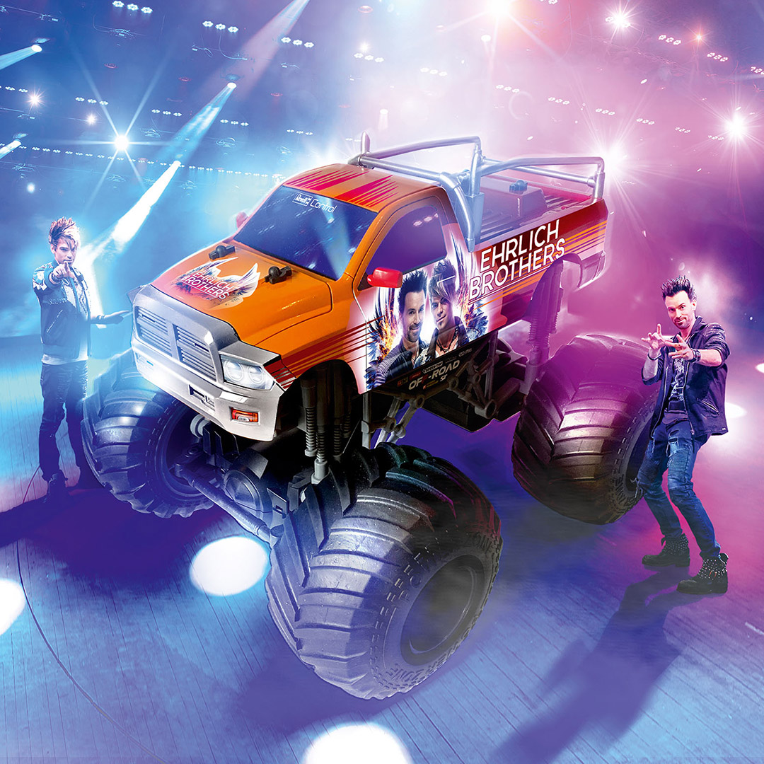 RevellGermany's tweet photo. Bring dein RC-Car auf ein neues Level mit dem Revell Control RAM 3500 Monster Truck im Ehrlich Brothers Design! Mit extragroßen Monsterreifen. Jetzt verfügbar! #EhrlichBrothers #RevellControl https://t.co/ryyPjiKOcd https://t.co/YO2f0WZx5A