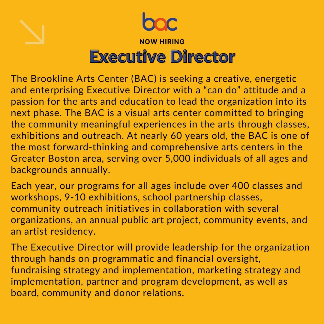 brooklinearts's tweet photo. Be a part of the BAC story.
 
We seek a creative Executive  Director with a “can do” attitude and a passion for the arts and education to lead the  organization into its next phase.

Interested? Please send a resume and cover letter to careers@brooklineartscenter.com https://t.co/pkcMlTzNFn