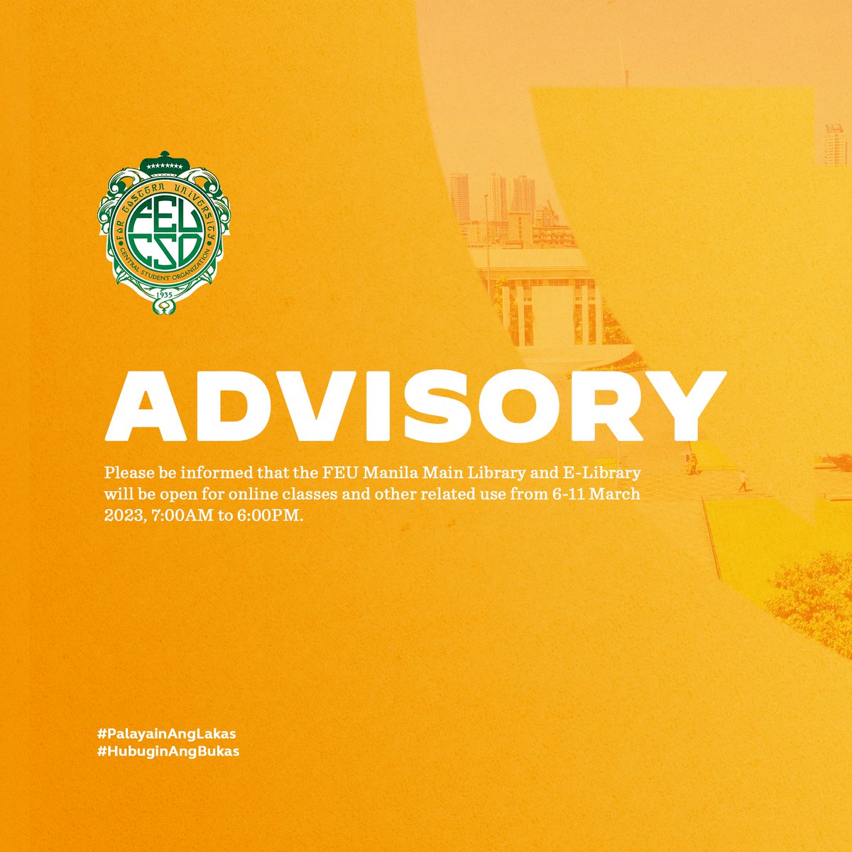#TamsTakeNote

The FEU Manila Main Library and E-Library are open for operations from 6-11 March 2023, 7:00AM to 6:00PM.

Students can use the library facilities for online classes and other related use. 

For your information and guidance. 

Source: Far Eastern University