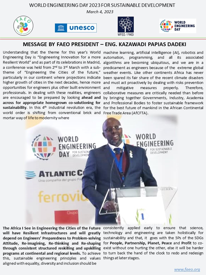 Message by FAEO President for 2023 World Engineering Day @Official_GhIE @RwandaEngineers @NseHeadquarters @UIPE_Uganda @TheIEK @wfeo @RedRUK @AfCFTA @AfricanUnionUN Faeo.org Pls share, like, retweet