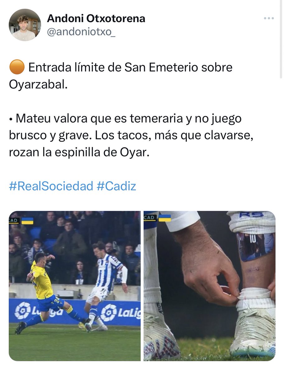 • Me parece penalti = medio Cádiz insultando. 

• No me parece expulsión clara = medio Donosti faltando el respeto. 

Es absolutamente imposible informar sobre arbitrajes de manera objetiva y respetuosa. Y es una pena. 

#RealSociedad #Cadiz