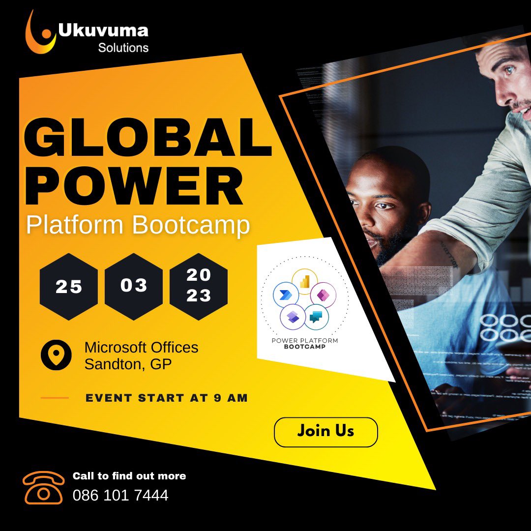 Ukuvuma's tweet photo. Join us on the 25th of March 2023 at the Global Power Platform Bootcamp at Microsoft in Bryanston. All the details available at this meetup link https://t.co/L7xwpwc2Ia 
The call for speakers for the event is also open.

We hope to see you all there! https://t.co/cO6l0C62vw