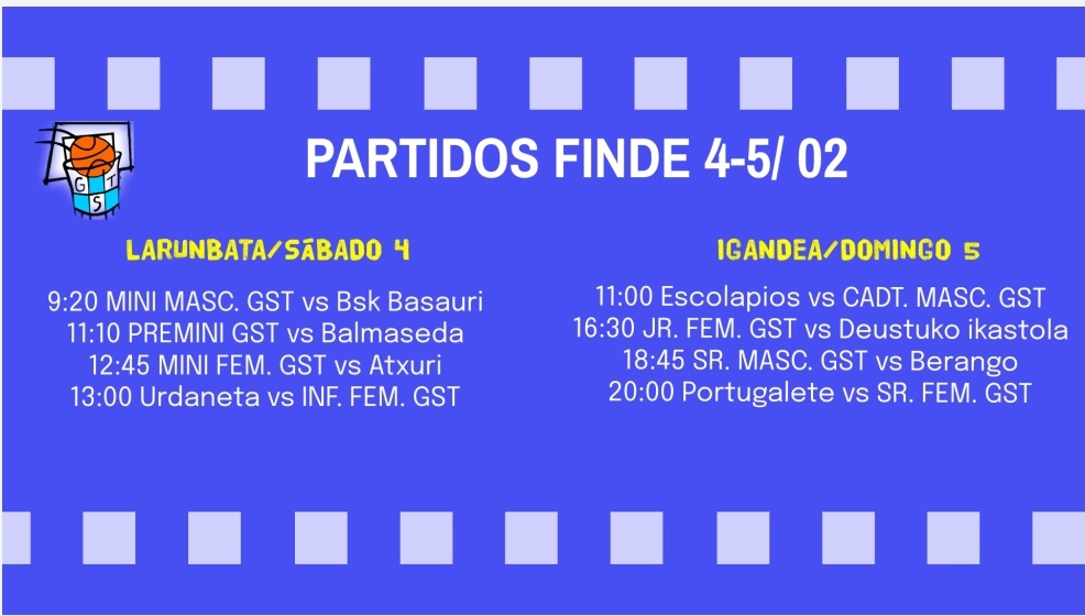 GordexolaST's tweet photo. 🏀🏀🏀 CARTELERA FIN DE SEMANA 🏀🏀🏀

Mucho partido en casa. En un rato triplete de los tres equipos más jóvenes.

Y mañana primero las juniors contra #deustuko y seguido senior contra #hontzuriak. https://t.co/DKxqgo80G1