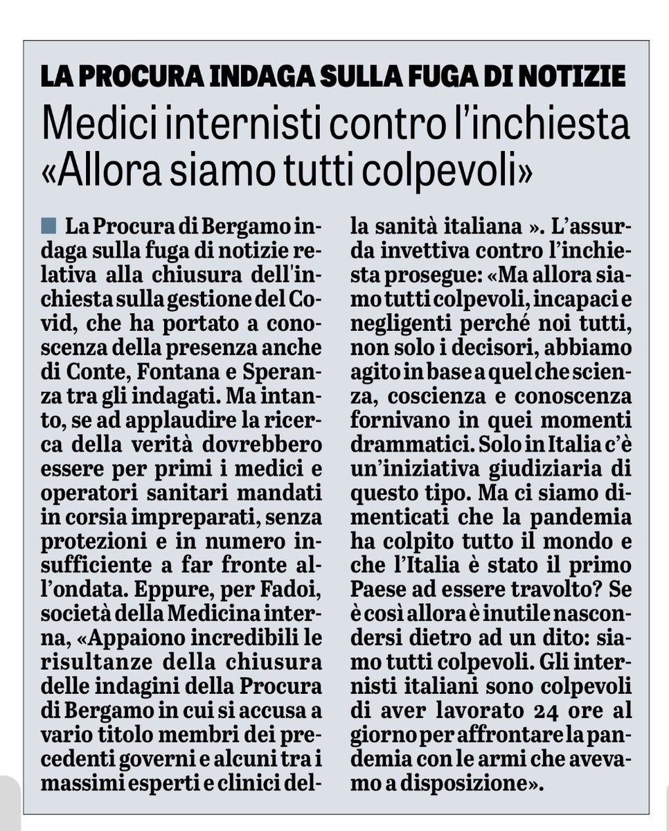 madforfree's tweet photo. L’ invettiva della Società della Medicina Interna contro l’inchiesta di Bergamo: “Se sono colpevoli i politici, allora siamo colpevoli tutti noi medici”.

In effetti sarebbe ora che anche chi era “in trincea” si rendesse conto di aver obbedito ciecamente a protocolli antiscienza. https://t.co/wEeK2fm7u1