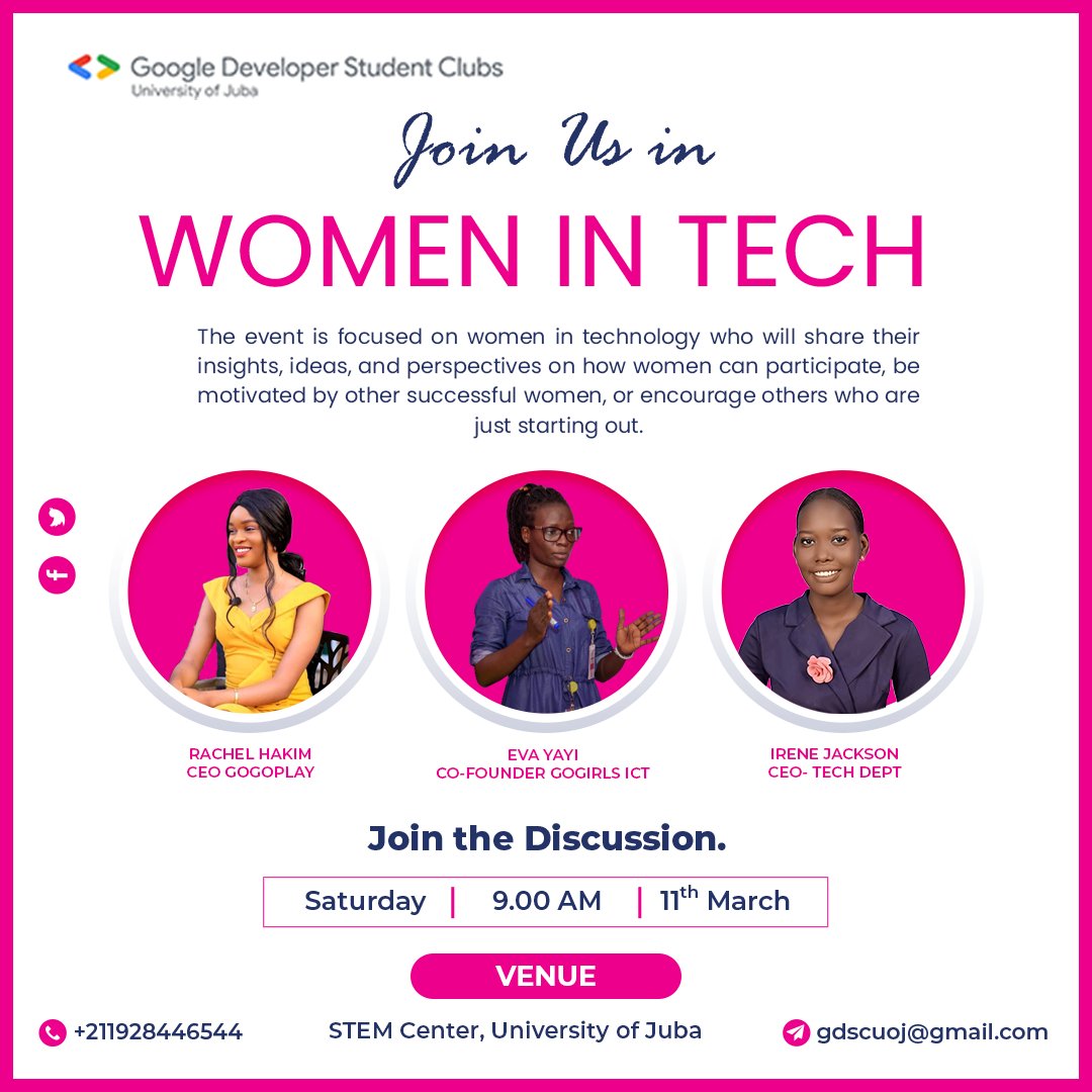 Join us at Women in Tech!

Women in technology are the main emphasis of the event, and they will share their thoughts, insights, and ideas on how women can participate, be inspired by other successful women, or help others who are just starting out.  #SSOT #gdsc #gdscuoj