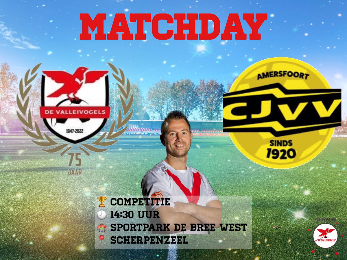 MATCHDAY ⚽️ | 

<a href="/valleivogels1/">Valleivogels 1</a> 🆚 <a href="/CjvvA/">CJVV Amersfoort</a> 

Aanvang: 14:30 uur 
Scheidsrechter: Dhr. J. Knetsch 

❤️🤍