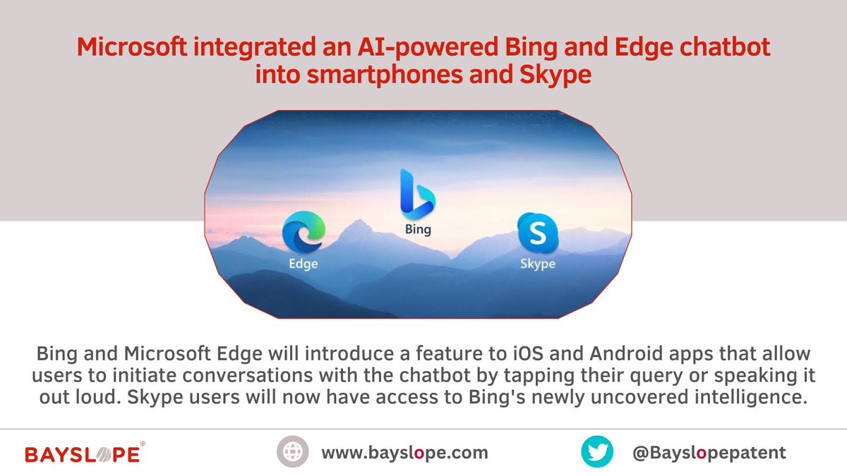 Bayslopepatent's tweet photo. #Microsoft has merged the #Bingchatbot with #AI into #Skype and #smartphones.
#MicrosoftEDU #chatbotai #chatbot #SmartNews #integration #technology #TechnologyNews #techno #techtwitter #techtrends #TechNews #development #UPDATE #updates #latest #NewsUpdate #NewsUpdates https://t.co/4Tgki4O2yl