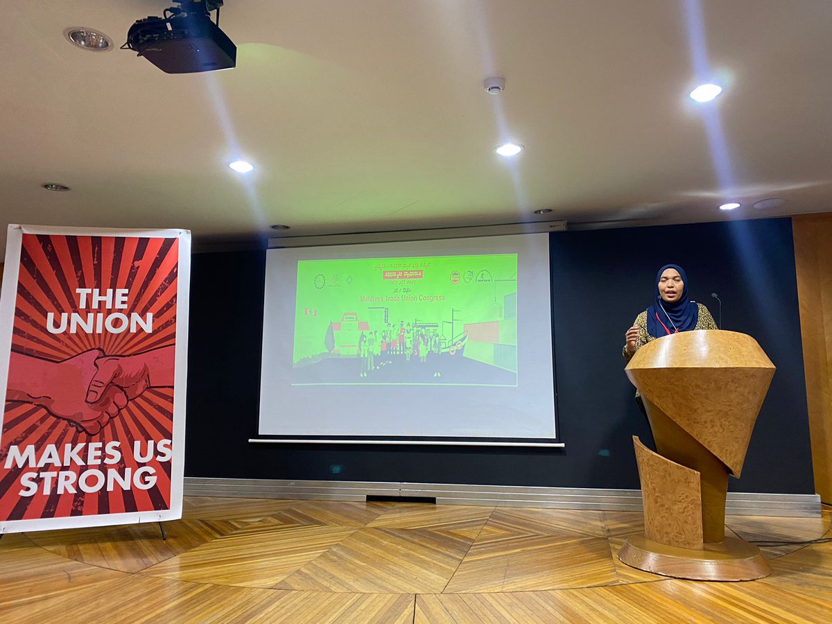 President of <a href="/MaldivesHPU/">Maldives Health Professionals Union (MHPU)</a> Mah Jabeen <a href="/Mah_Jabyn/">Mah Jabeen</a>  speaking at the #mtucCongress2023 
#workersdecide