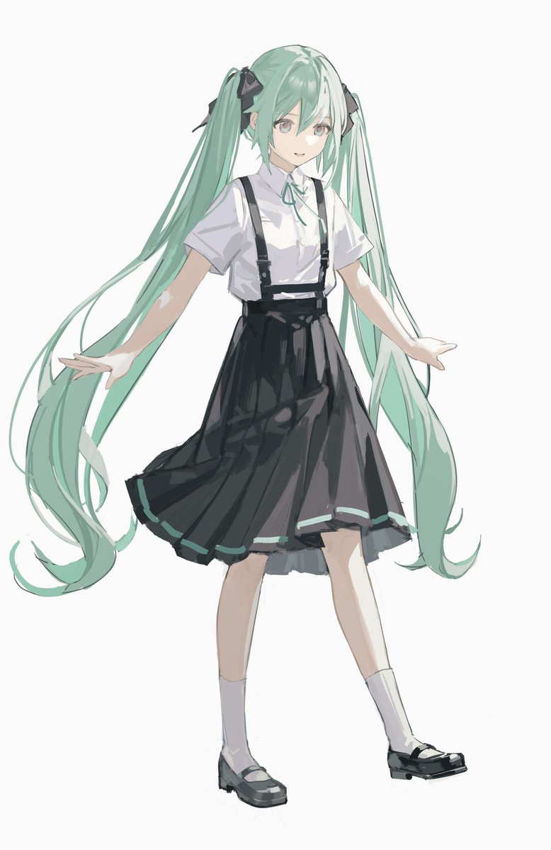 hatsune miku 1girl solo skirt twintails shirt long hair suspenders  illustration images