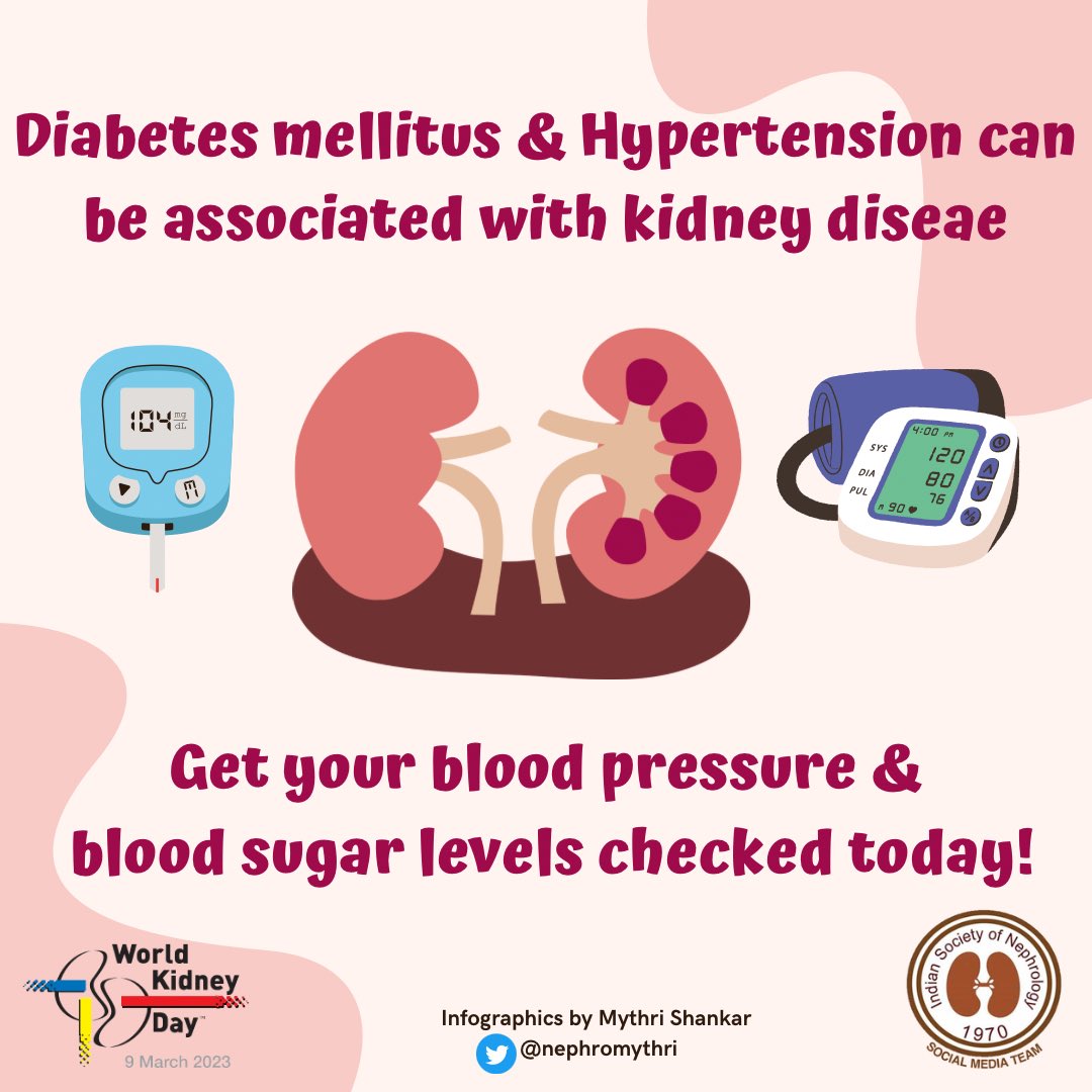 ⚡️Diabetes mellitus is the most common cause for end stage kidney disease⚡️ ⚡️Hypertension could be due to underlying kidney disease ⚡️ Get your blood pressure and blood sugar levels checked today!! Infographic by @nephromythri . #WorldKidneyDay