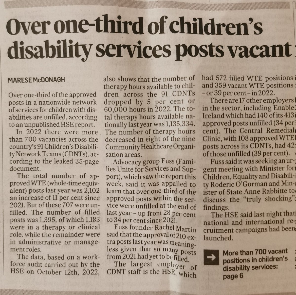 IrwinGill's tweet photo. We do not have a rights-based approach to disability in Ireland. I refuse to believe that if a third of posts in another crucial public service were vacant that it'd be tolerated.* 

#Disability
#rehabilitation
#paediatrics 

*(Except consultant posts of course.) https://t.co/a02YpwhQ3d