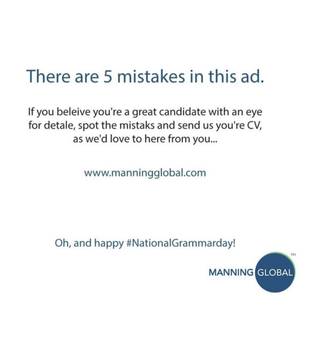 ManningGlobal's tweet photo. Spot the mistakes 👀
Happy #NationalGrammarDay 😀
#Javascript #WebDevelopment #Tech #Programming #Programmer #WebDeveloper #Coding #HTML #Developer #Linux #Python #Frontend #Coder #WebDesign #Interview #Telecoms #GetTheJob #ManningGlobal https://t.co/CjLXNBRZQr