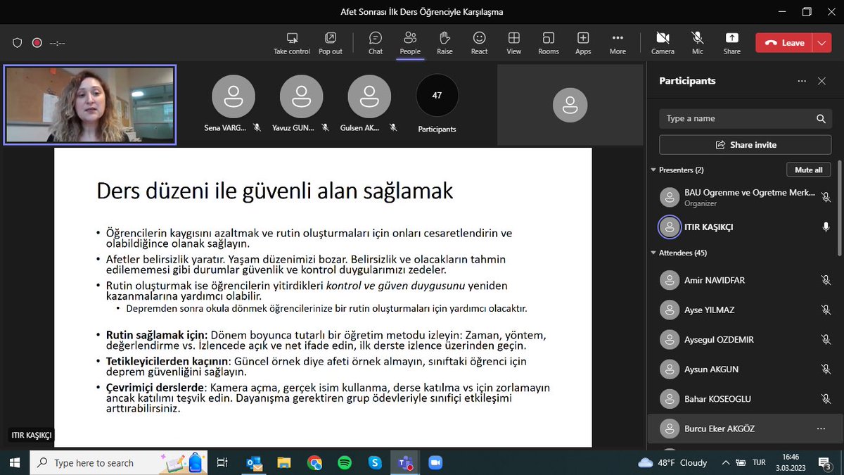 <a href="/bauclt/">BAUCLT</a> <a href="/bauebf/">BAU EBF</a> ve <a href="/bauiisbf/">BAU-İİSBF</a> iş birliği ile Dr. Itır Kaşıkçı tarafından sunulan "Afet Sonrası İlk Ders Öğrenciyle Karşılaşma” eğitimi..