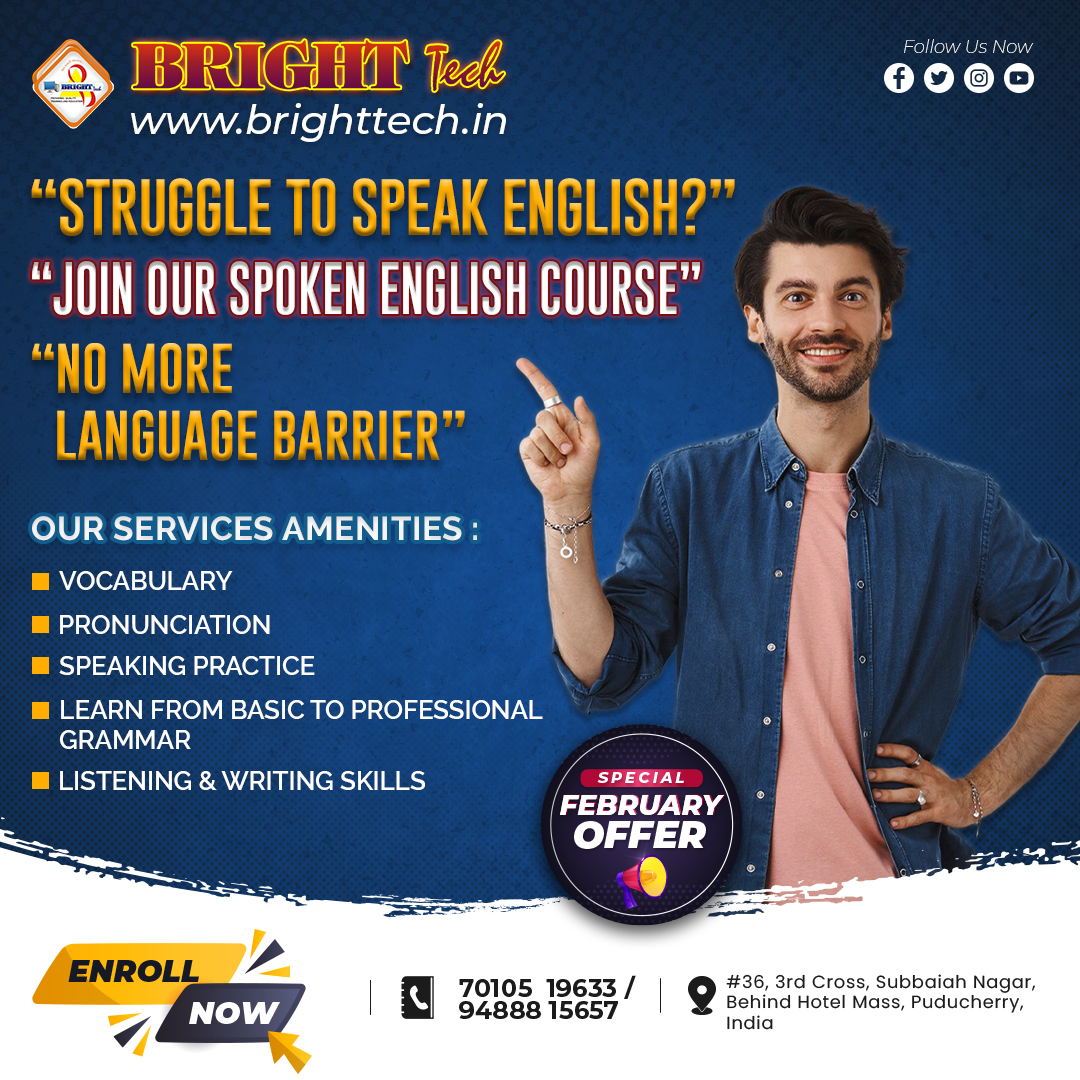 BrightTechPdy's tweet image. Best Spoken English Class in Pondicherry
Whether you need English for work, study or life, our English courses will equip you with the English skills you need to face the future with confidence.
Enroll Today:09488815657
#spokenenglishcourse #spokenenglish #englishgrammar #pondy
