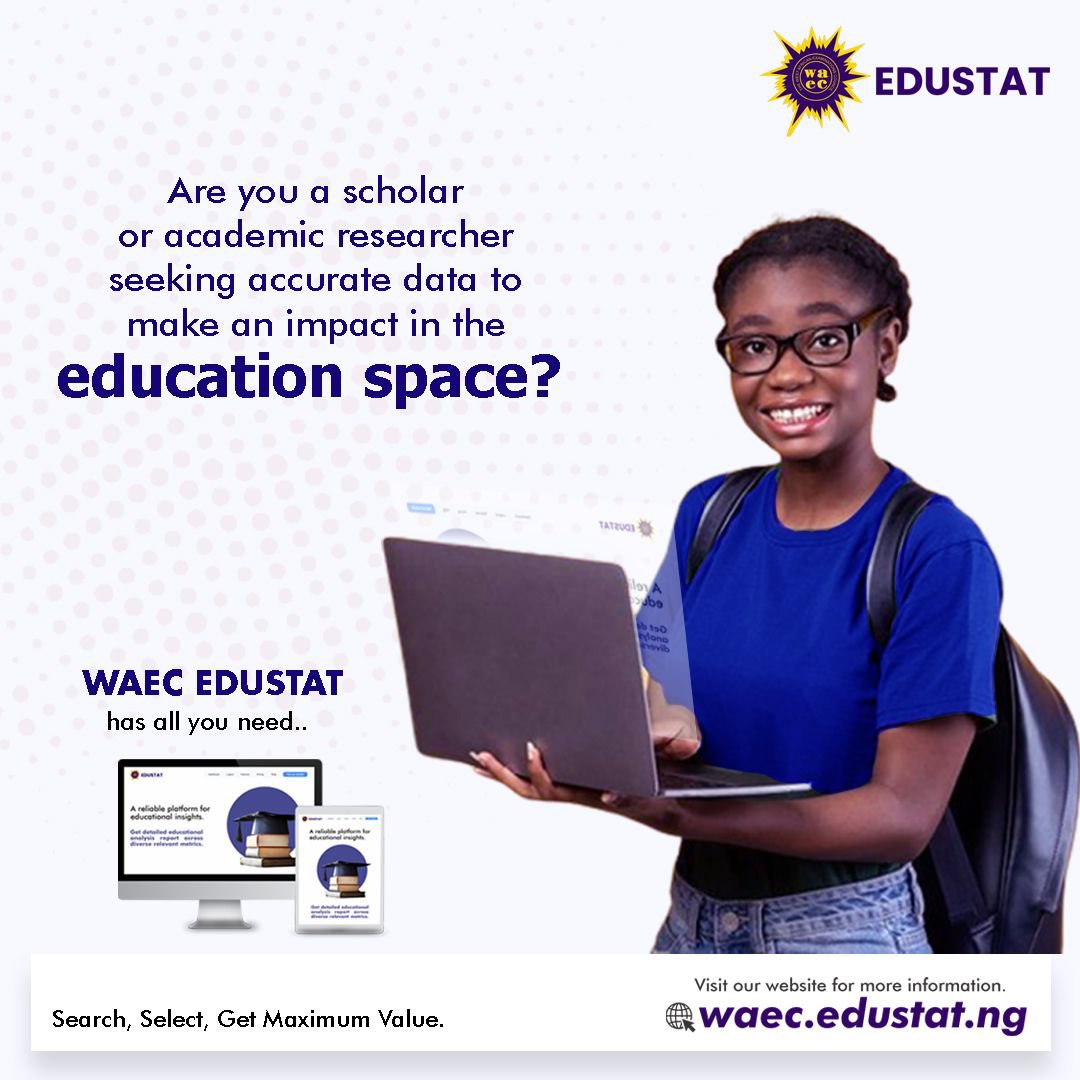 Looking to make an impact in education through accurate data? 
Your search is over because WAEC EDUSTAT is here for you

@waec_edustat provides scholars and academic researchers with the data to enable real and lasting impact in education.

 #educationdata #researchers #scholars