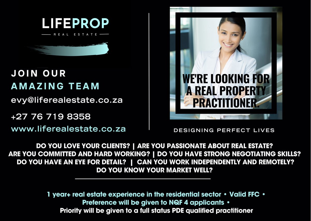 Lifepropreal's tweet photo. JOIN OUR TEAM!
PROPERTY PRACTITIONERS, LIFEPROP REAL ESTATE is looking for dynamic &amp; professional Property Practitioners to join our team.
JOIN LIFEPROP REAL ESTATE &amp; HELP US DESIGN PERFECT LIVES!
Evy@liferealestate.co.za
#liferealestate #designingperfectlife 
#salesandrentals https://t.co/dXbPYMT5Mr