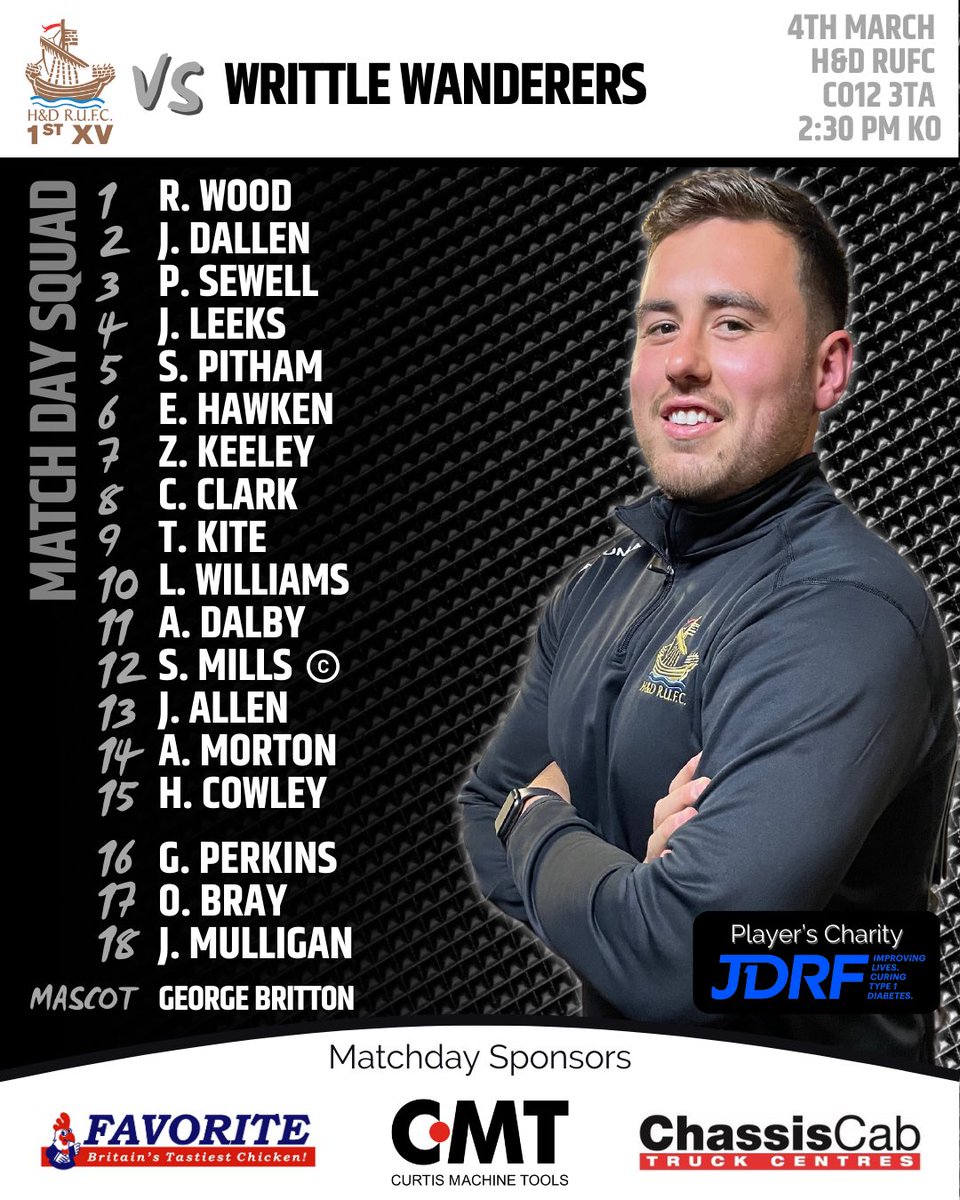 📢 Here’s your H&amp;D 1st XV squad to face Writtle Wanderers in today’s Counties 2 Essex Shield Semi Final. 

H&amp;D 🆚 Writtle Wanderers (HOME) 
🏉 Counties 2 Essex Shield  
⌚️ 2:30 pm KO 

Colchester IV 🆚 H&amp;D II (AWAY) 
🏉 EC Greene King Div 2 South 
⌚️ 2:30 pm KO