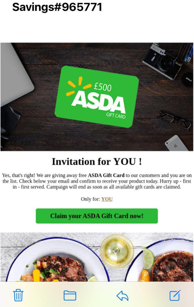 just a note to say there is a phishing email going around pretending to be <a href="/asda/">Asda</a> (I thought you would want to know).
Don’t click it, mark as spam, block.